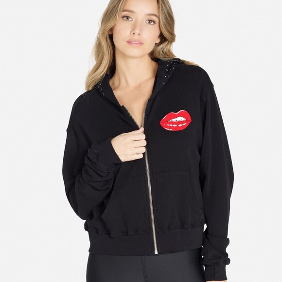 Lauren Moshi Read My Lips Full Zip Up Hoodie Black Red Pockets Women's Size M - Picture 7 of 9